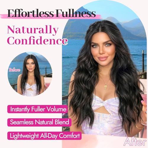 3PCS Invisible Wire & Clip-In Hair Extensions - Natural Black 22 Inch - Full Volume Set