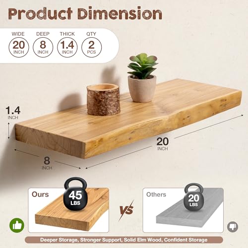 Fuqing Live Edge Floating Shelves Set - Natural Elm Wood, 8 Inch Depth, 20 Inch Length, 2 Pack