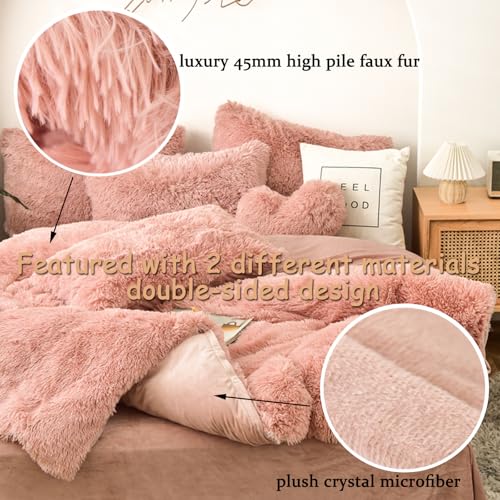 King Shaggy Faux Fur Comforter Cover Set - Blush Pink 5-Piece Luxury Bed Set