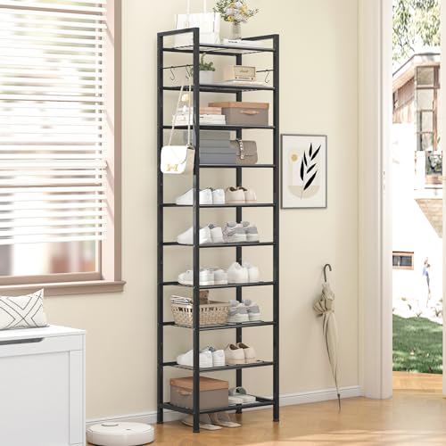 Usikey 10-Tier Narrow Metal Shoe Rack - 17.9 x 11 x 69.2 Inches Black, Space-Saving Vertical Shoe Organizer with Hooks