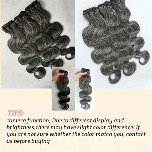 SIYUSI Salt and Pepper Human Hair Bundles 12 14 16 Inch Body Wave Human Hair 3 Bundles 100% Unprocessed 12A Brazilian Hair Weave Extensions Natural Gray-White Color