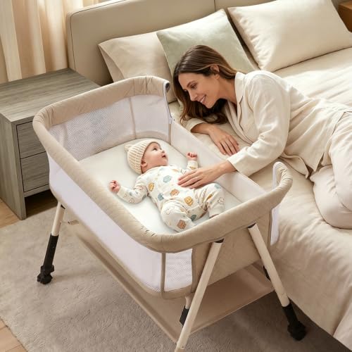 3-in-1 Baby Bassinet Bedside Sleeper with Mesh Sides & Height Adjustment - Beige