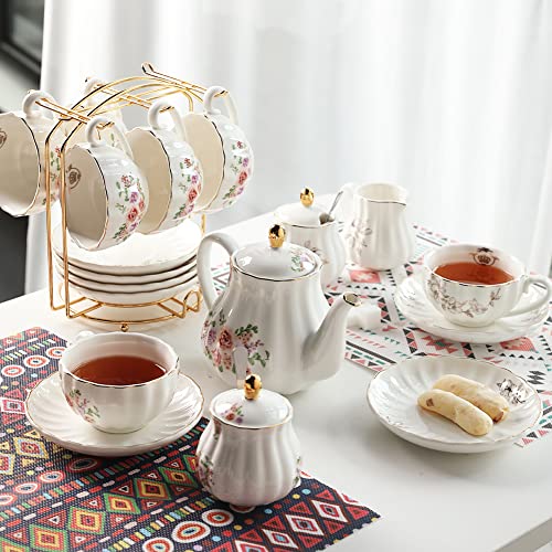 Rose Flower Porcelain British Royal Tea Set for 6 with Teapot & Accessories