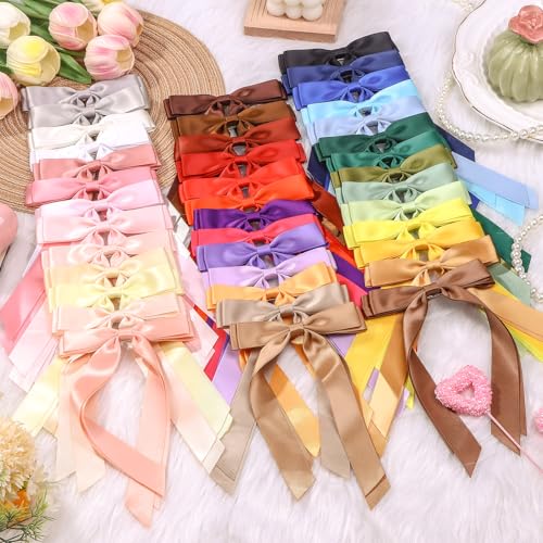 40 Colors Satin Hair Bows Bulk for Women Large Long Tail Hair Ribbons - Elegant Hair Clips & Barrettes