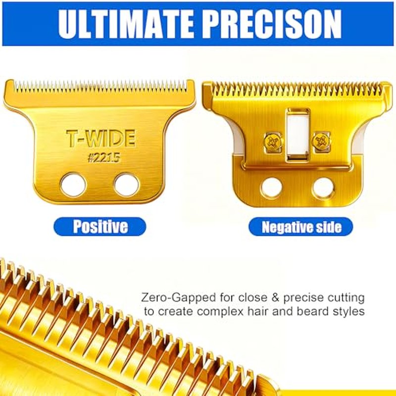 2PCS 2215 Replacement T Wide Blades Compatible with Wahl 5 Star Detailer Li Trimmer(8081) and (8171) - Adjustable Stainless-steel Zero-Gap Trimmer Blade (2PCS-Gold)
