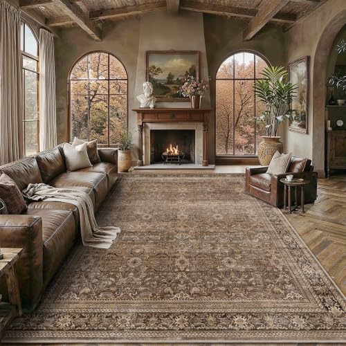 Brown 8x10 Vintage Washable Area Rug for Living Room - Distressed Floral Pattern