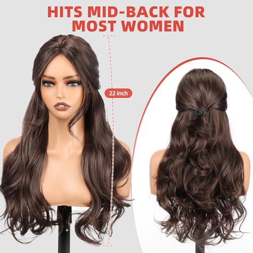 Brown Wigs for Women - 22 Inch Curly Synthetic Hair with Realistic Scalp & Free Parting