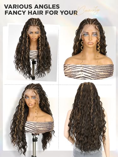 Blonde Highlight 13x6 Lace Front Braided Wig for Black Women 26 Inch Curly Cornrow Boho Wig with Face Framing
