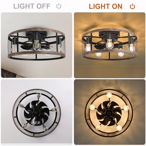 20-Inch Rustic Farmhouse Caged Ceiling Fan with Lights & Remote - Wood Flush Mount Variant