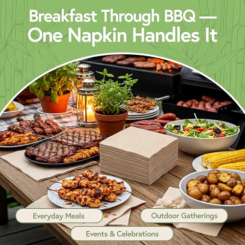 100% Bamboo 2-Ply Napkins 1000 Pack 6.5 x 6.5 Inch Brown - Eco-Friendly Dinner & Party Napkins
