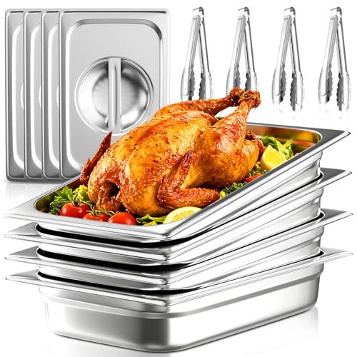 Full Size Hotel Pan with Lid - 4 Inch Deep Commercial Food Storage (4 Pack) + 4 Tongs