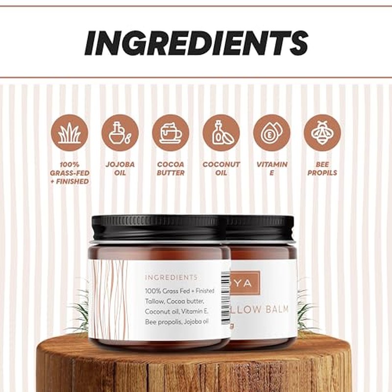 BROYA Premium Tallow Balm - Grass-Fed and Finished Beef Tallow for Skin with Jojoba Oil, Cocoa Butter and Vitamin E - Multi-Purpose Beef Tallow for Face, Body, and Lips - 56g