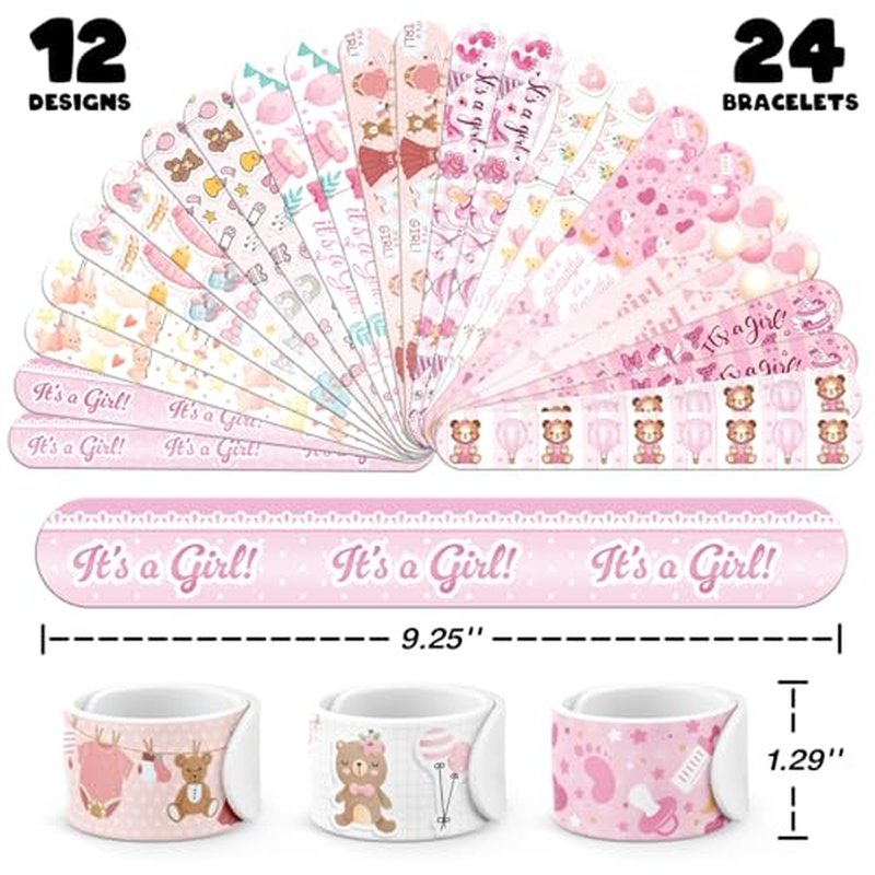 96 PCS It¡¯s a Girl Baby Shower Favors Set ? 72 Pre-Cut Temporary Tattoos & 24 Slap Bracelets, Perfect for Gender Reveal Parties & Newborn Celebrations