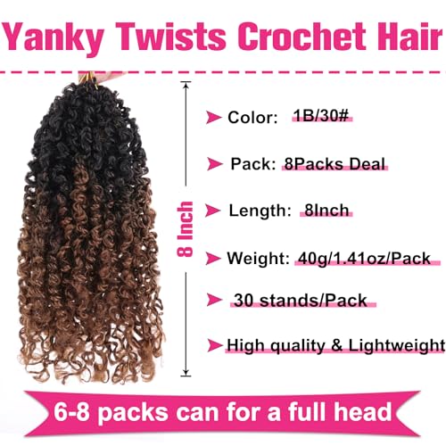 8 Inch Pre-Looped Yanky Twist Crochet Hair 8 Packs - 30 Strands per Pack - Brown Ombre