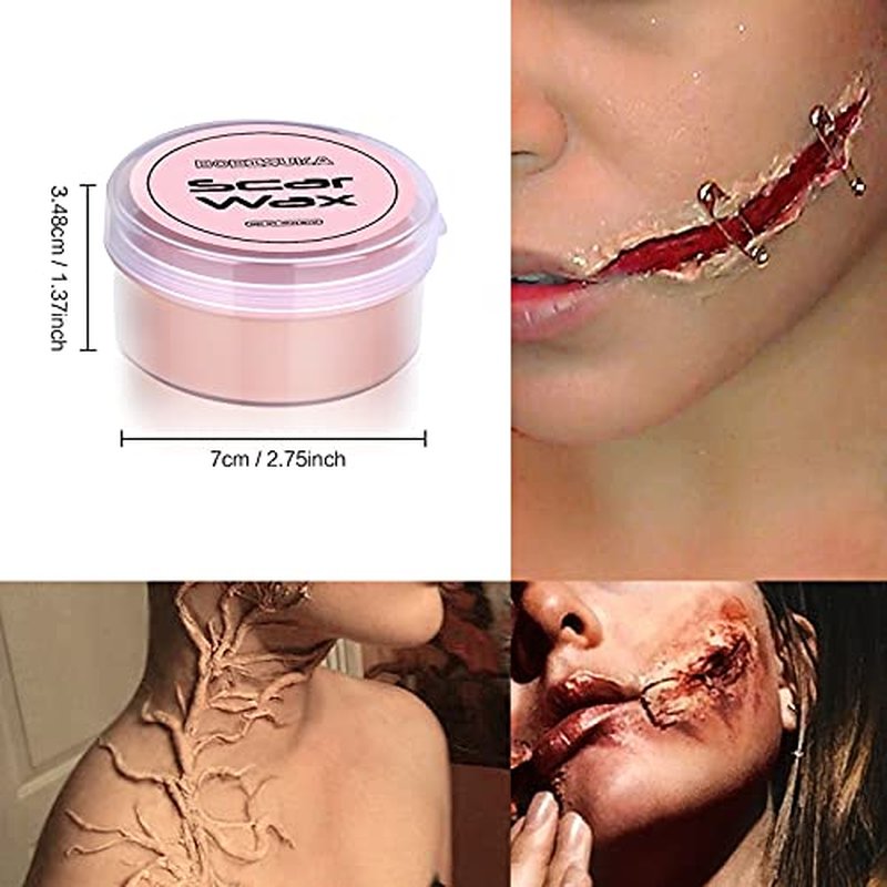 BOBISUKA 6 Piece Halloween SFX Special Effects Makeup Kit - Fake Blood Gel + Clear Liquid Latex + Black Tooth Paint + Modeling Scar Wax with Spatula Tool and Black Stipple Sponge All in One