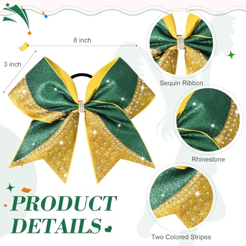 Aileam Glitter Cheer Bows Bulk Set - Green & Gold Rhinestone 8-Inch Cheerleading Hair Accessories for Girls & Teens Variation of A-Glitter Green/Gold+Rhinestone / 8" (6 Pack)