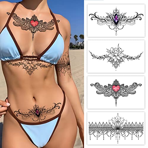 Roarhowl Lace Tattoos, Large Sexy Temporary Tattoo Set, Temporary Tattoos For Women, Belly Back Waist Thigh Body Art Fake Tattoos (Set 2)