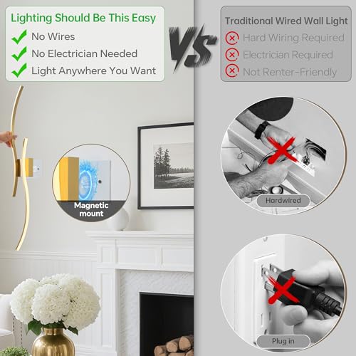 GLOTHOR Brushed Brass Arc Wireless Wall Sconces Set of 2, Dimmable, 3CCT, 23.6"
