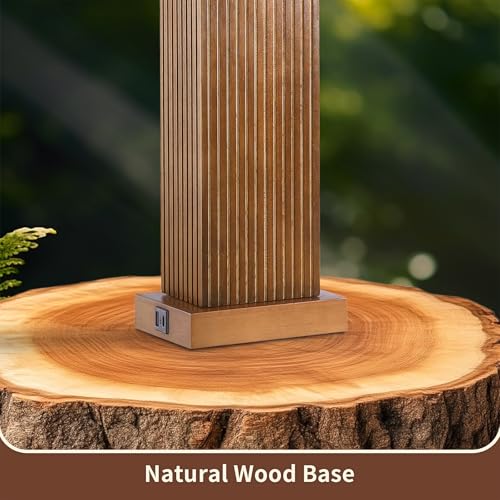 Walnut Wood Table Lamps Set of 2 with USB-C Ports, 2700K-5000K Bulb, Beig e Linen Shade