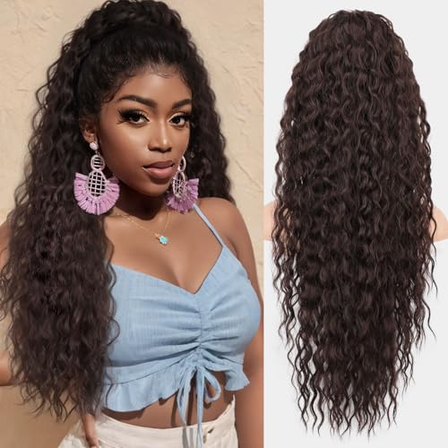 26 Inch Dark Brown Drawstring Ponytail Extensions for Women, Long Curly Wavy Hair