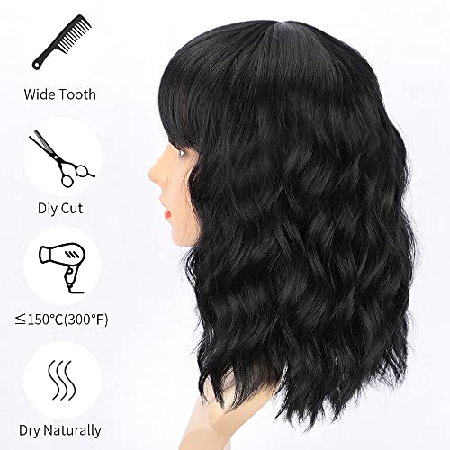 AISI HAIR Black Curly Bob Wig with Bangs, Synthetic Short Hair Extension