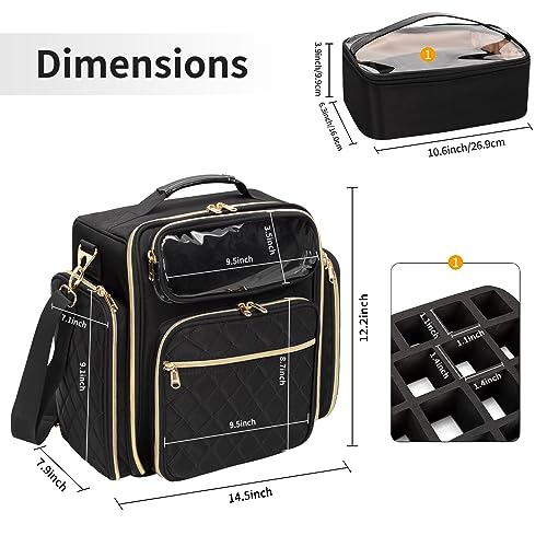 OCHEAL Nail Polish Organizer, Holds Nail Lamp and 75+ Bottles, Nail Polish Holder Case with 3 Individual Pouches Fit Manicure Tools Storage for Manicurist Travel Carrying Bag -Black