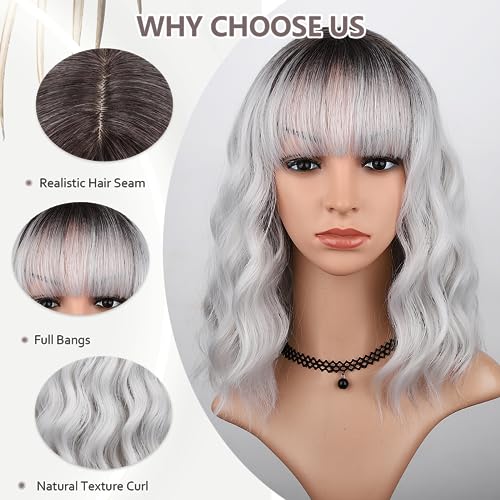 MINLEE Silver Gray Wigs for Women Short Bob with Bangs 14 Inch Curly Synthetic Hair Variation: Silver Gray
