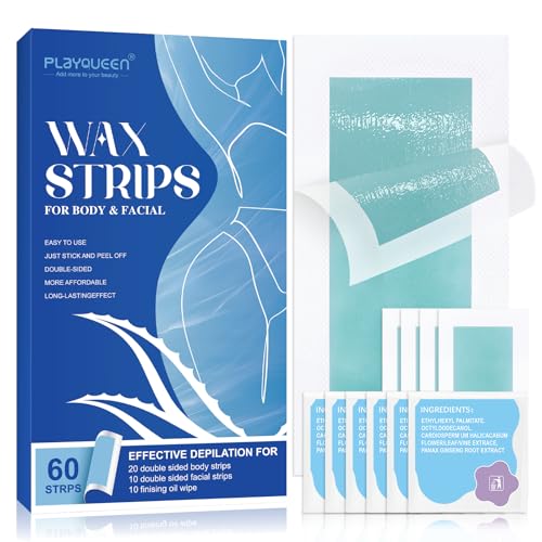Wax Strips Hair Removal Kit ? 60 Wax Strips + 10 Calming Oil Wipes, No Heating Required, Gentle & Effective for Face, Legs, Arms & Underarms, For Sensitive Skin, Beach Travel Essentials Kit