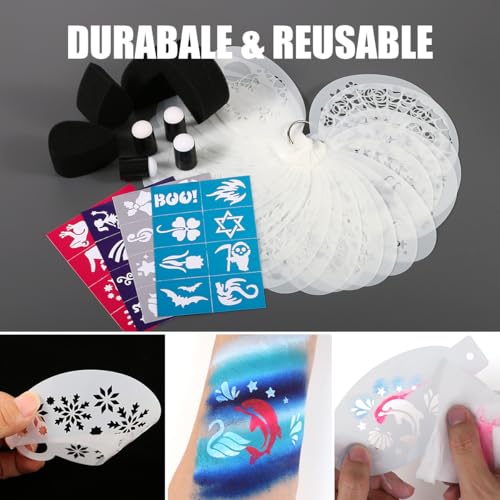 Depvision 32+28 Reusable face Paint Stencils with sponges, face Paint Stencil Stickers,6 face Paint sponges for Body Face Painting, Halloween,Party