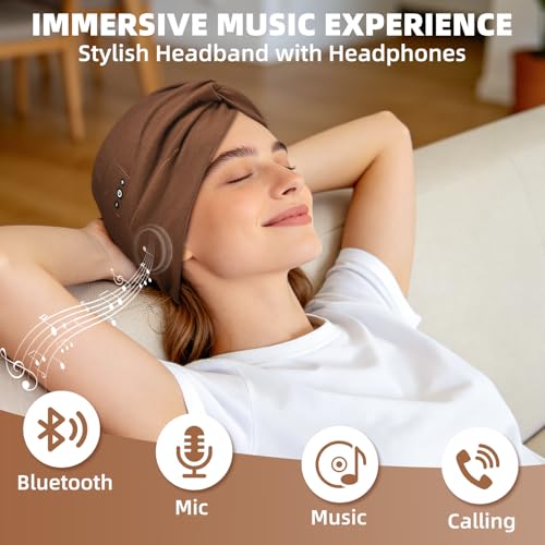 Bluetooth Headband for Women - Black & Brown Wireless Headphones with HD Stereo Speakers for Workout & Travel