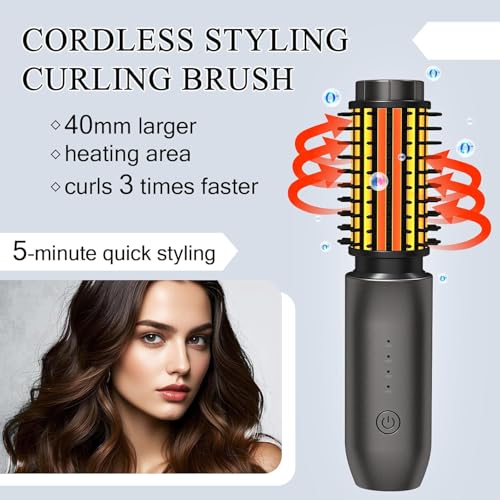 Cordless Hot Brush Hair Straightener & Curling Iron - Travel Portable, 4 Temp, Fast Heating - Classic Black