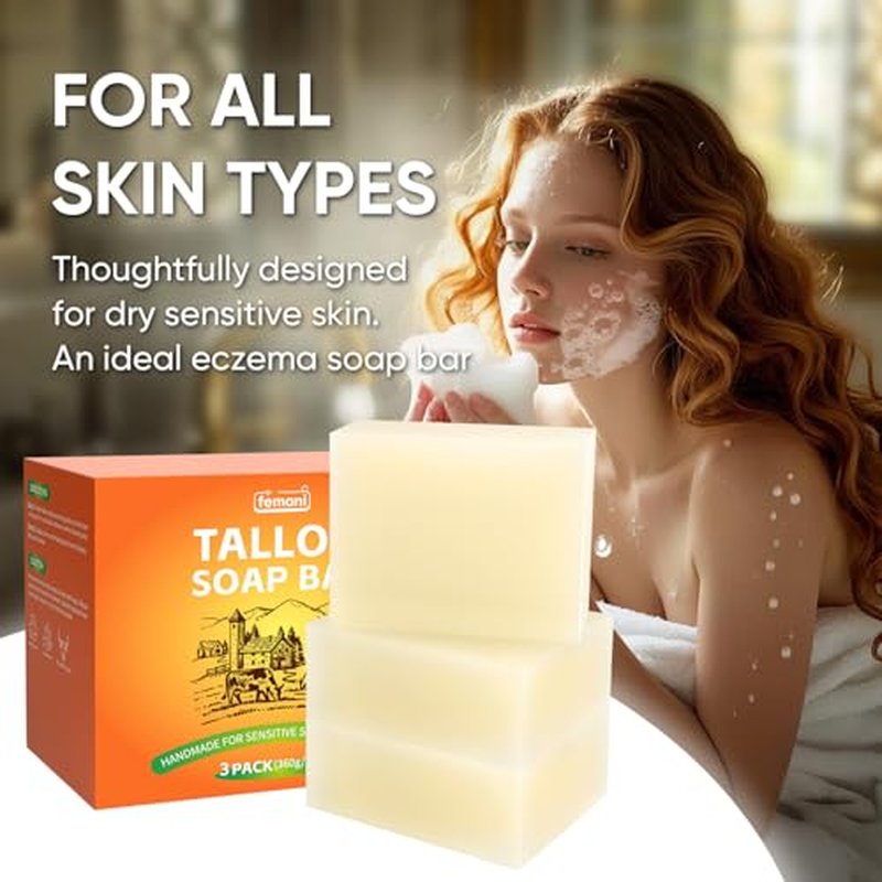 femani Beef Tallow Soap Bar - All Natural and Organic Grass Fed Tallow Soap Unscented - Moisturizes, Soothes, Hydrates Face & Body Wash Great for Itchy, Dry, Sensitive Skin, 12 oz (3 packs)