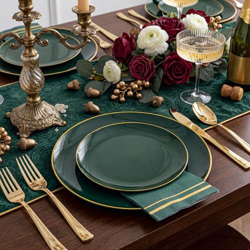Green Disposable Plastic Plates Set for 50 Guests - Dinner & Dessert Plates, Gold Silverware, Cups & Napkins - Variation: Green