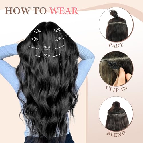 Natural Black 16 Inch Clip-In Hair Extensions Set - 6 Pieces, 220g