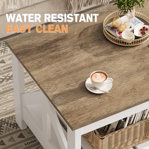 YESHOMY Farmhouse Coffee Table with Storage - Gray & White Rectangular