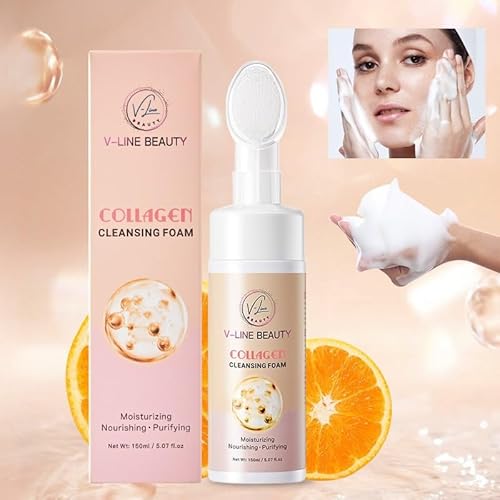 Collagen Cleansing Foam with Built-in Brush ? Moisturizing, Nourishing & Purifying Face Wash with Botanical Extracts for All Skin Types, Light Citrus Scent, 150 ml / 5.07 fl oz