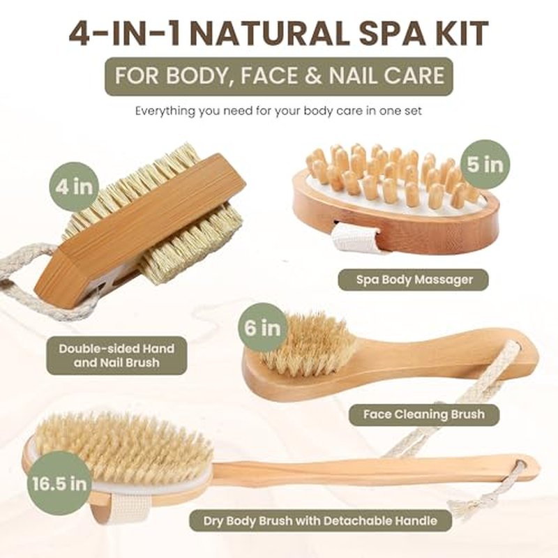 4-in-1 Exfoliating Body Scrubbers - Shower Back Brush for Women, Bristle Bamboo Brushes for Men, Dry Brushing for Lymphatic Drainage, Bath Long Handled Scrub, Cleansing Face Exfoliator, Nail Scrubber