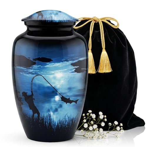 Fishing Urn for Human Ashes - Large Blue Cremation Memorial with Velvet Bag & Funnel - Variation: Large Fishing