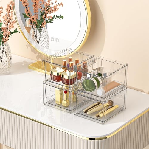 6 Pack Stackable Plastic Makeup Organizer Drawers, Acrylic Organizers, Clear Storage Bins with Pull-Out Handles for Vanity, Kitchen Cabinets, Pantry