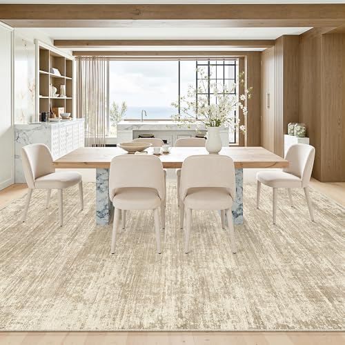 Beige 8x10 Modern Abstract Washable Area Rug for Living Room - Non-Slip, Soft Microfiber