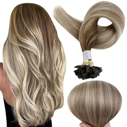 Full Shine U Tip Hair Extensions - Balayage Brown to Ash Blonde 18 Inch 50g with Variation A # 3/8/22