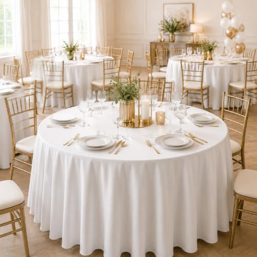 White Round Tablecloth 120 Inch, 10 Pack Washable Polyester Cover for Dining & Events - Variation of White / 10 Pack