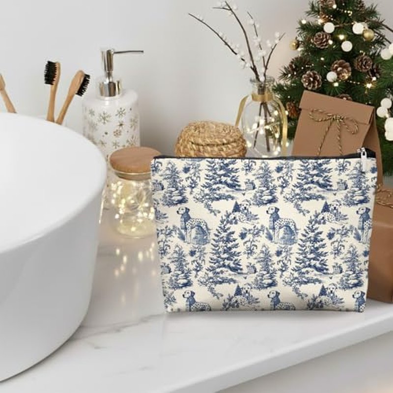 Blue Toile Dalmatian Christmas Makeup Bag for Women, Vintage Dog Print Cosmetic Pouch, French Country Holiday Travel Toiletry Bag, Cute Dalmatian Lover Gift