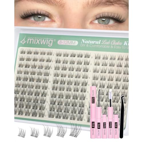 Short Lash Clusters Kit 8-12MM Natural Lash Extension kit Invisible Band Eyelash Clusters Wispy Cluster Eyelash Extensions C Curly DIY Cluster Lashes Bond and Seal Tweezers by Lvmixwig