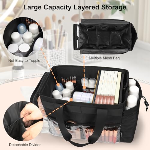 TANTO Travel Makeup Bag, Professional Makeup Artist Bag Tote Bags with 2*bag Extra Large Hair Stylist Travelling Duffle Bag Cosmetic Organizer with Dividers, Gifts for Makeup Beauty Lover (Black