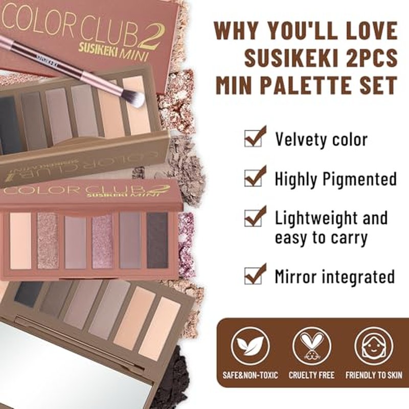 2PCS 6 Colors Mini Eyeshadow Palette Makeup with Brush Set Neutral Nude Eye Shadow Pink & Brown Matte Shimmer Make Up Pallet with Mirror Highly Pigmented Travel Size Gift Kit