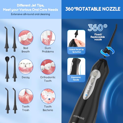 Mornwell Water Dental Flosser Black D with 300ML Tank & 6 Jet Tips