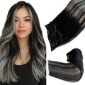 Clip in Hair Extensions - 16 Inch Ombré Black Silver Balayage - 7 pcs Remy Human Hair