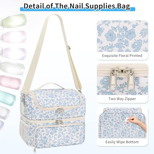 CUBETASTIC Nail Polish Organizer & Storage Bag for 48 Bottles & Full-Size Lamp, Double-Layer Travel Case Box for Nail Supplies, Manicure Kit & Pedicure Tools (Blue Floral, 48 Slots)