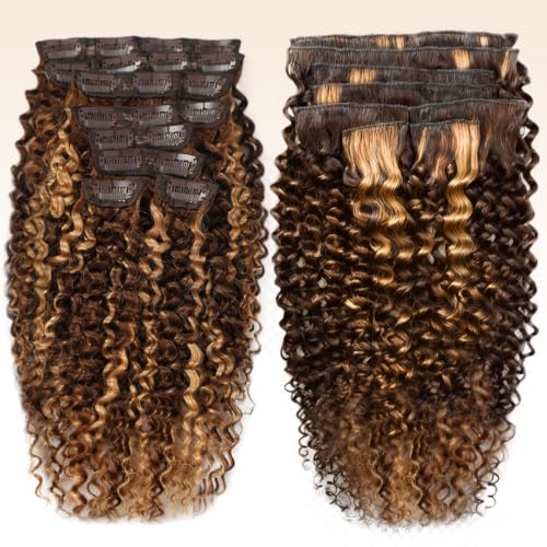 Nsukat JC 4/27 Kinky Curly Clip-In Hair Extensions 14 Inch, Brazilian Remy, 8pcs, 110g, Full Head, Real Human Hair